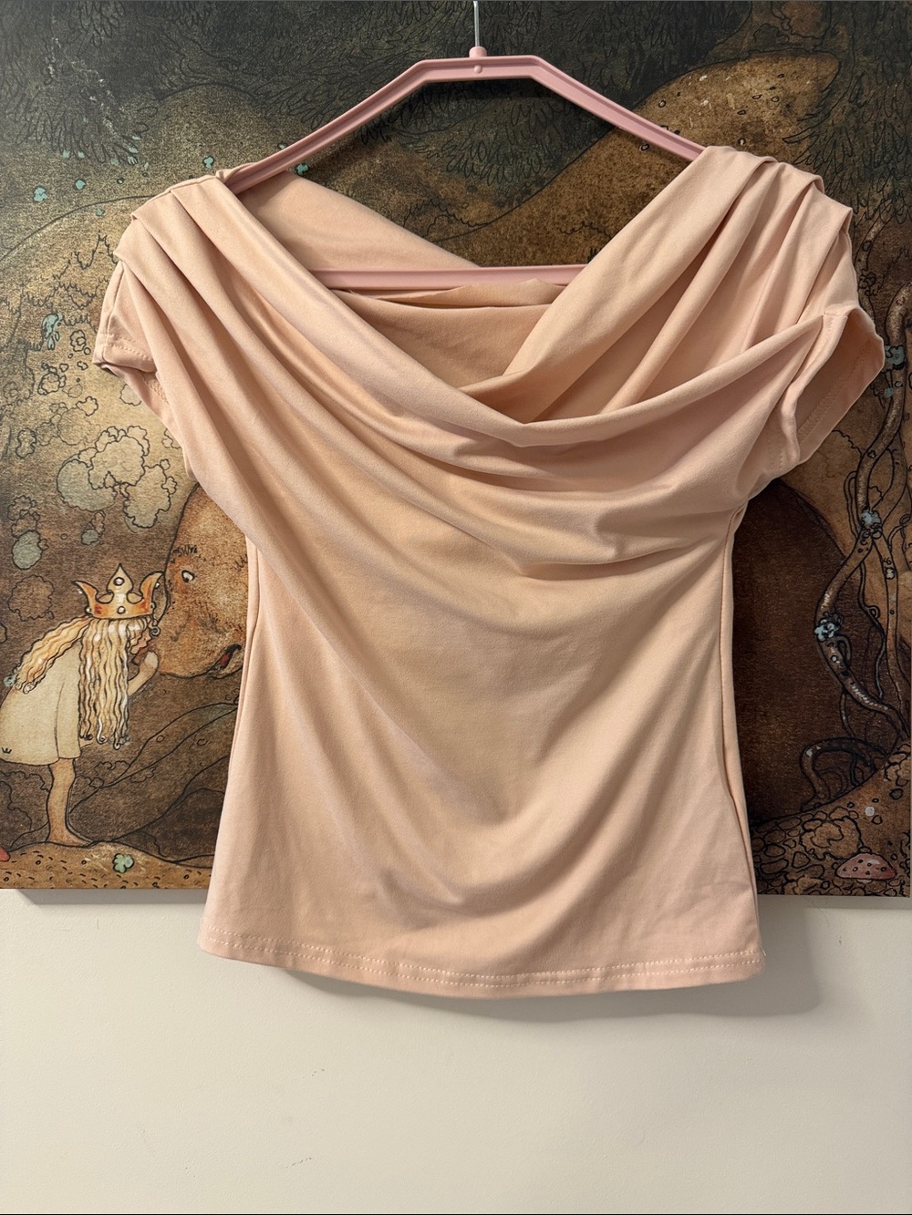 Draped Off-Shoulder Tee in Blush Pink